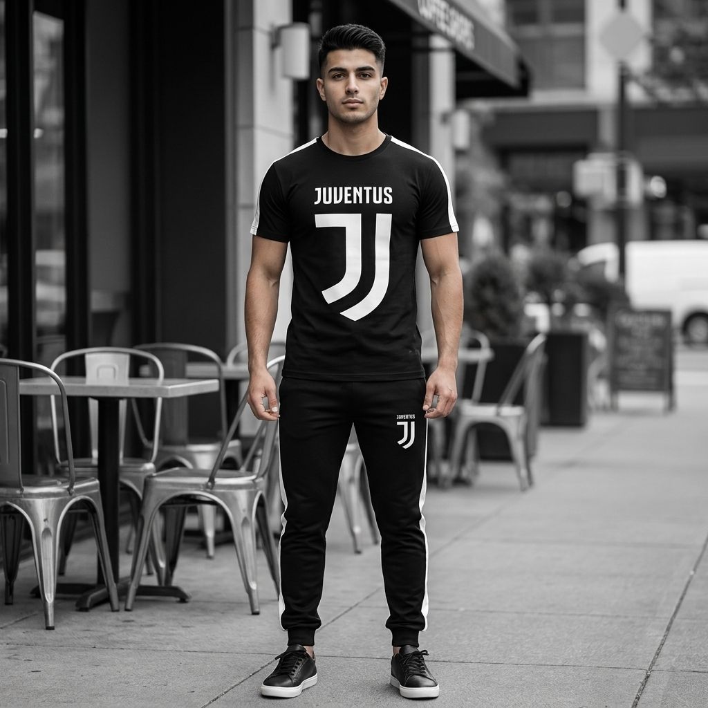 ست تیشرت شلوار مردانه یوونتوس مدل Aria  کفش ورزشی مشکی زیره سفید مدل Pavlo