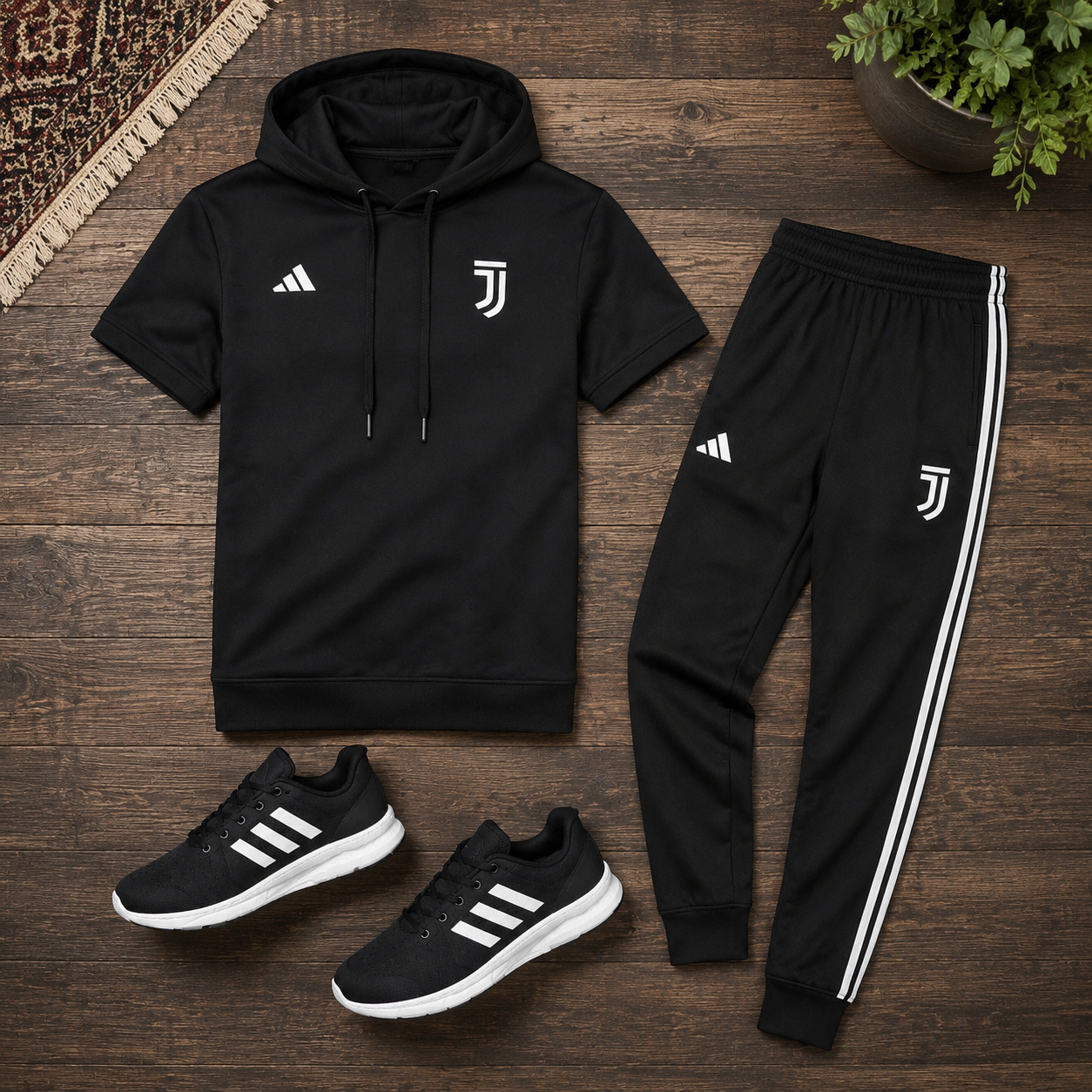 پکیج ست تیشرت کلاهدار و شلوار مردانه مدل Juventus کفش ورزشی مردانه مدل Alshen