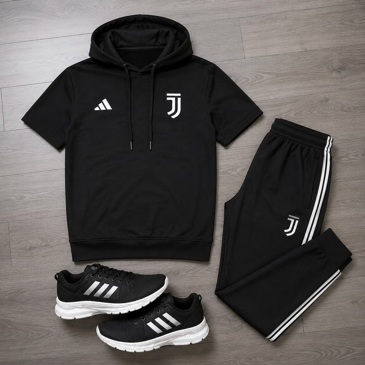 پکیج ست تیشرت کلاهدار و شلوار مردانه مدل Juventus کفش ورزشی مردانه مدل Alshen